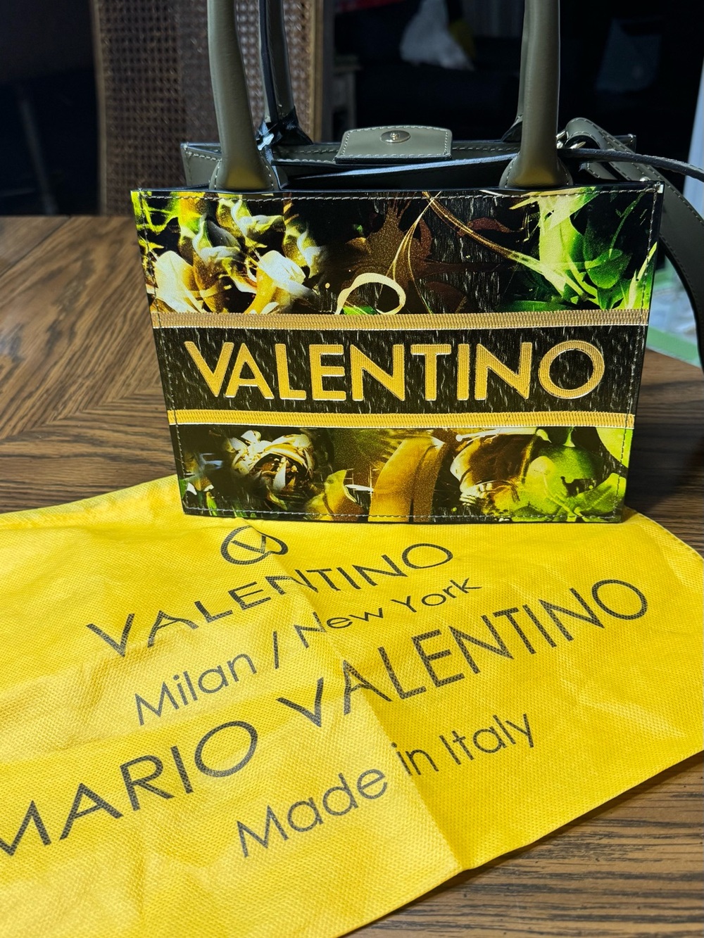 Valentino by Mario Valentino Floral Logo Tote in Yellow, Green & Olive